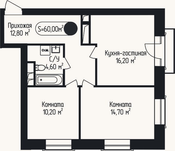 Планировка: 2-к, 60 м²