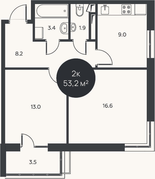 Планировка: 2-к, 52,1 м²