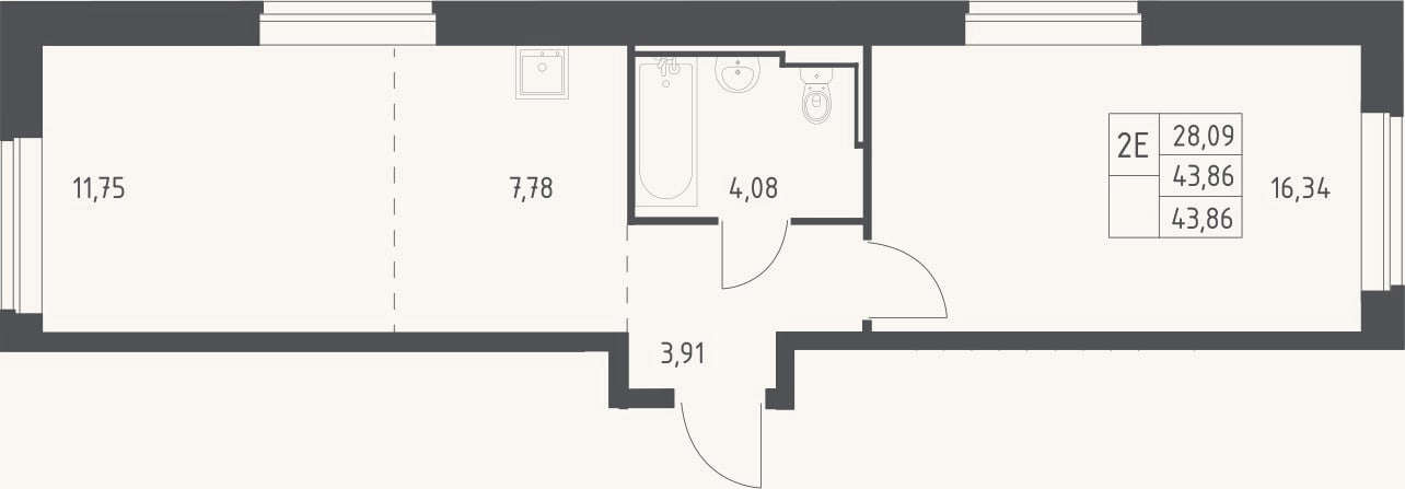 Планировка: 2-к, 43,9 м²