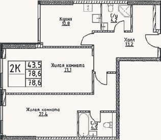 Планировка: 2-к, 78,6 м²