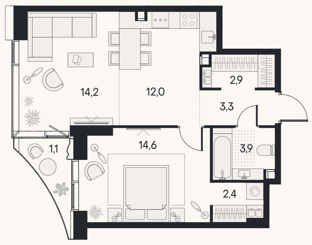Планировка: 2-к, 53,3 м²