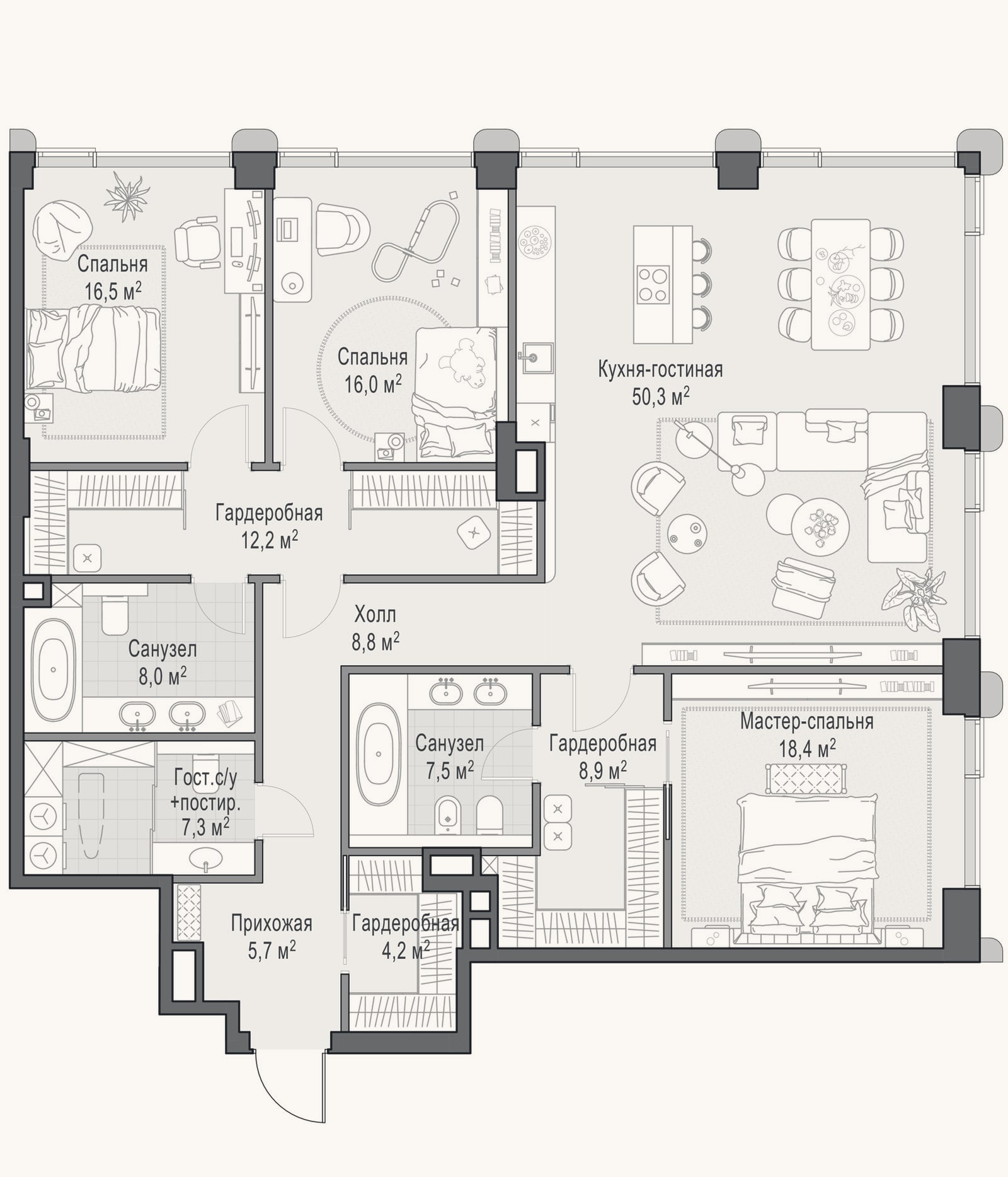 Планировка: 4+ к, 166,8 м²
