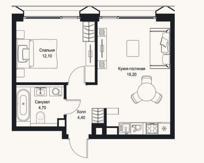 Планировка: 2-к, 40,4 м²