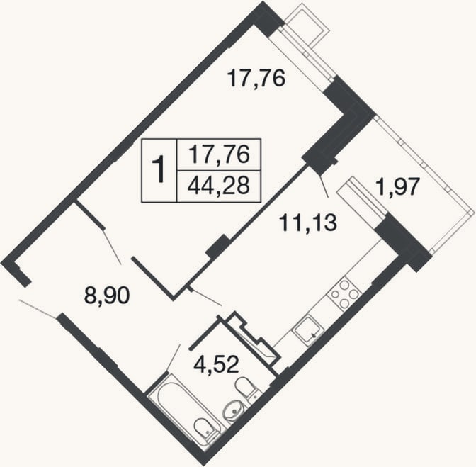 Планировка: 1-к, 42,3 м²