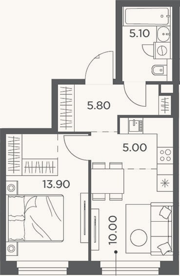 Планировка: 2-к, 39,8 м²