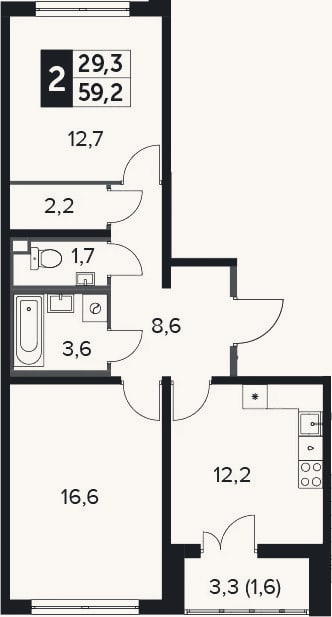 Планировка: 2-к, 58,9 м²