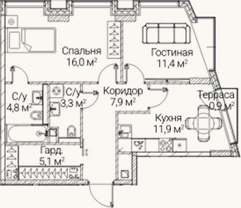 Планировка: 2-к, 60,4 м²