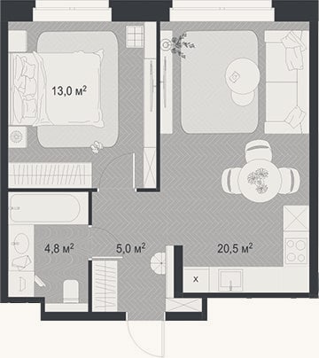 Планировка: 2-к, 43,3 м²