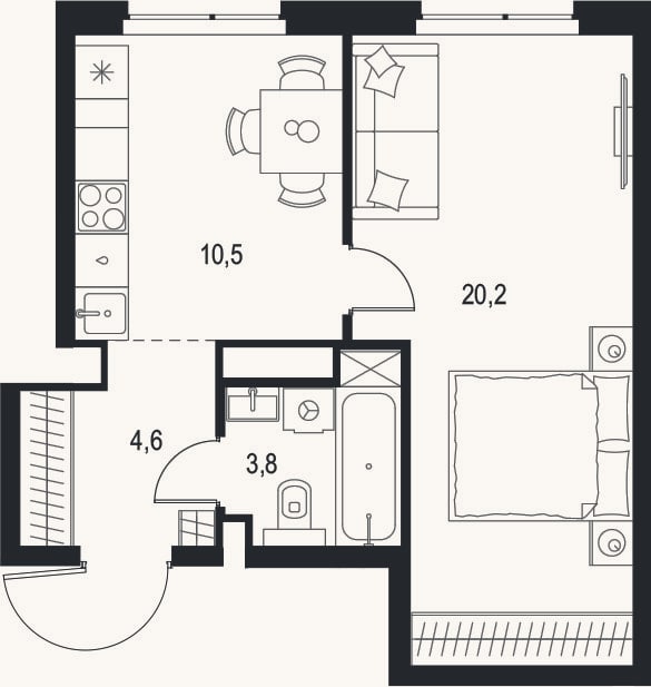 Планировка: 1-к, 39,1 м²