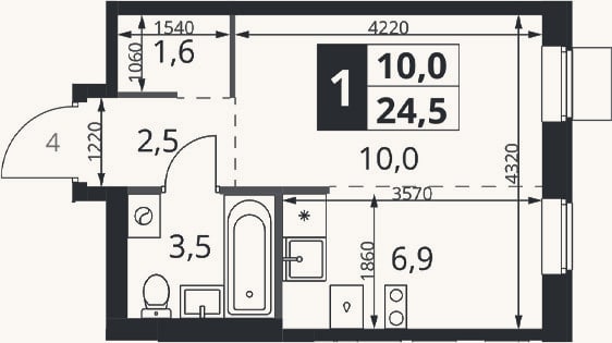 Планировка: Студия, 24,5 м²