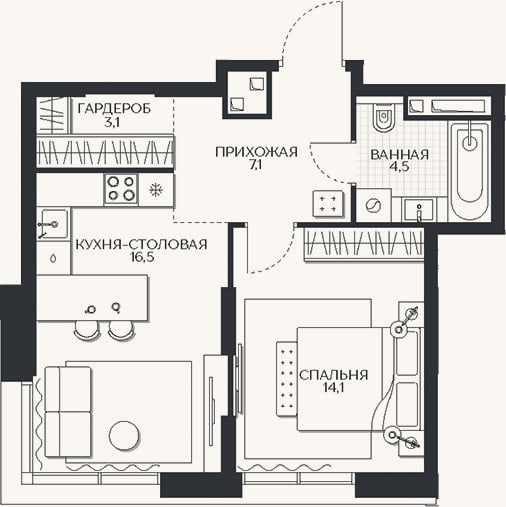 Планировка: 1-к, 45,3 м²