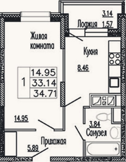 Планировка: 1-к, 33,1 м²