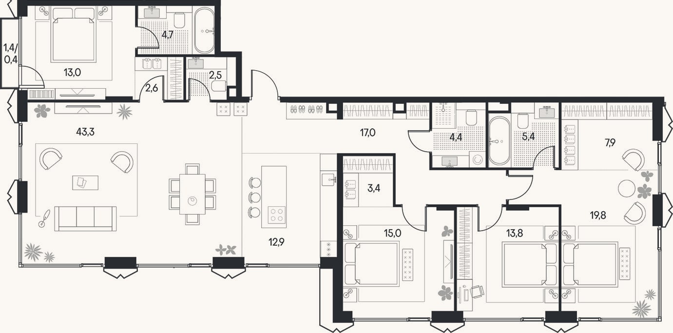 Планировка: 4+ к, 165,7 м²