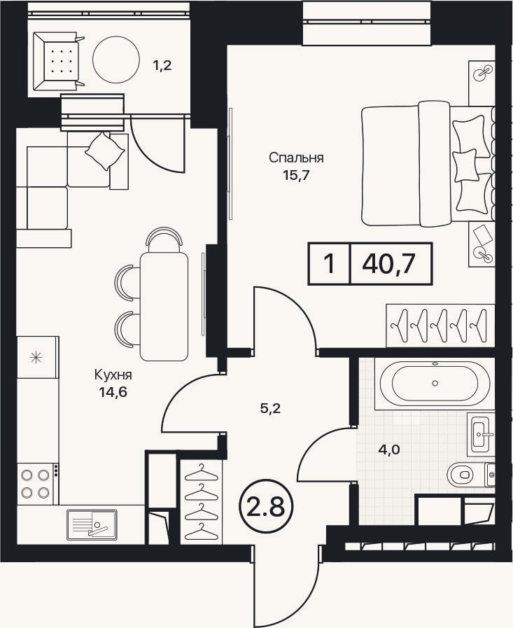 Планировка: 1-к, 39,5 м²