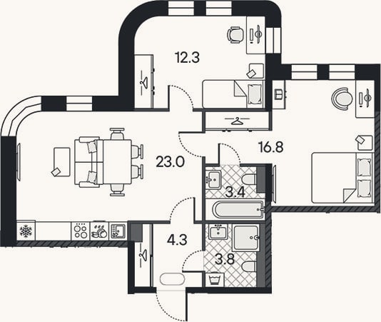 Планировка: 3-к, 63,6 м²