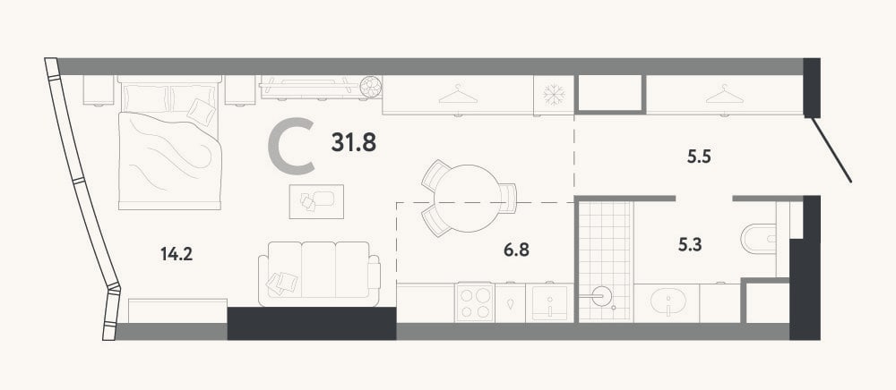 Планировка: Студия, 31,8 м²
