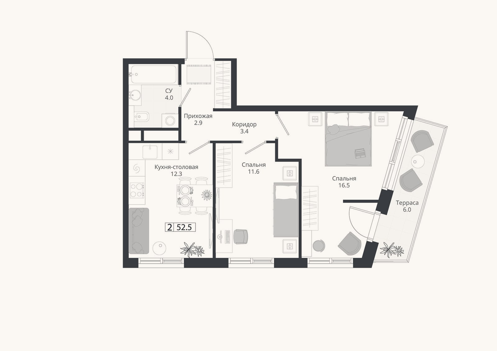Планировка: 3-к, 50,7 м²