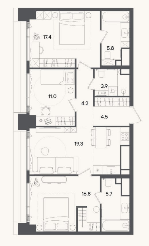 Планировка: 4+ к, 88,6 м²