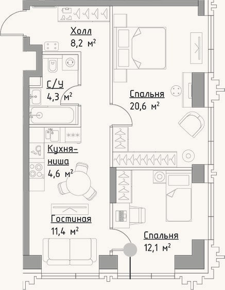Планировка: 3-к, 61,2 м²