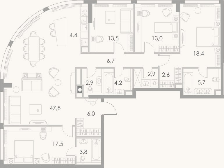 Планировка: 4+ к, 150,2 м²
