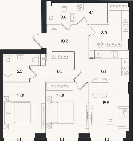 Планировка: 3-к, 89,6 м²