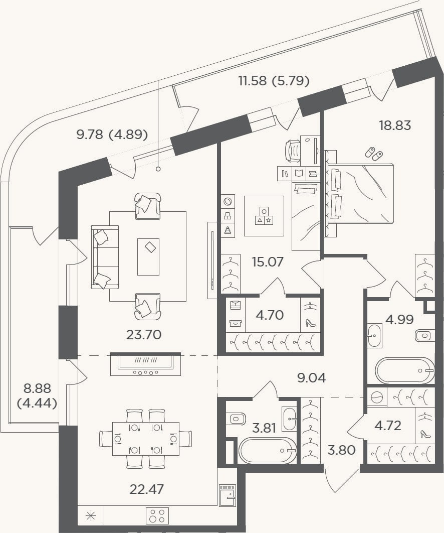 Планировка: 3-к, 111,1 м²