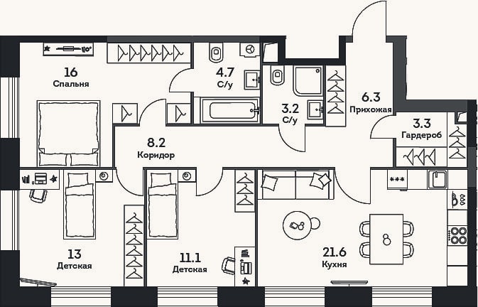 Планировка: 3-к, 87,4 м²