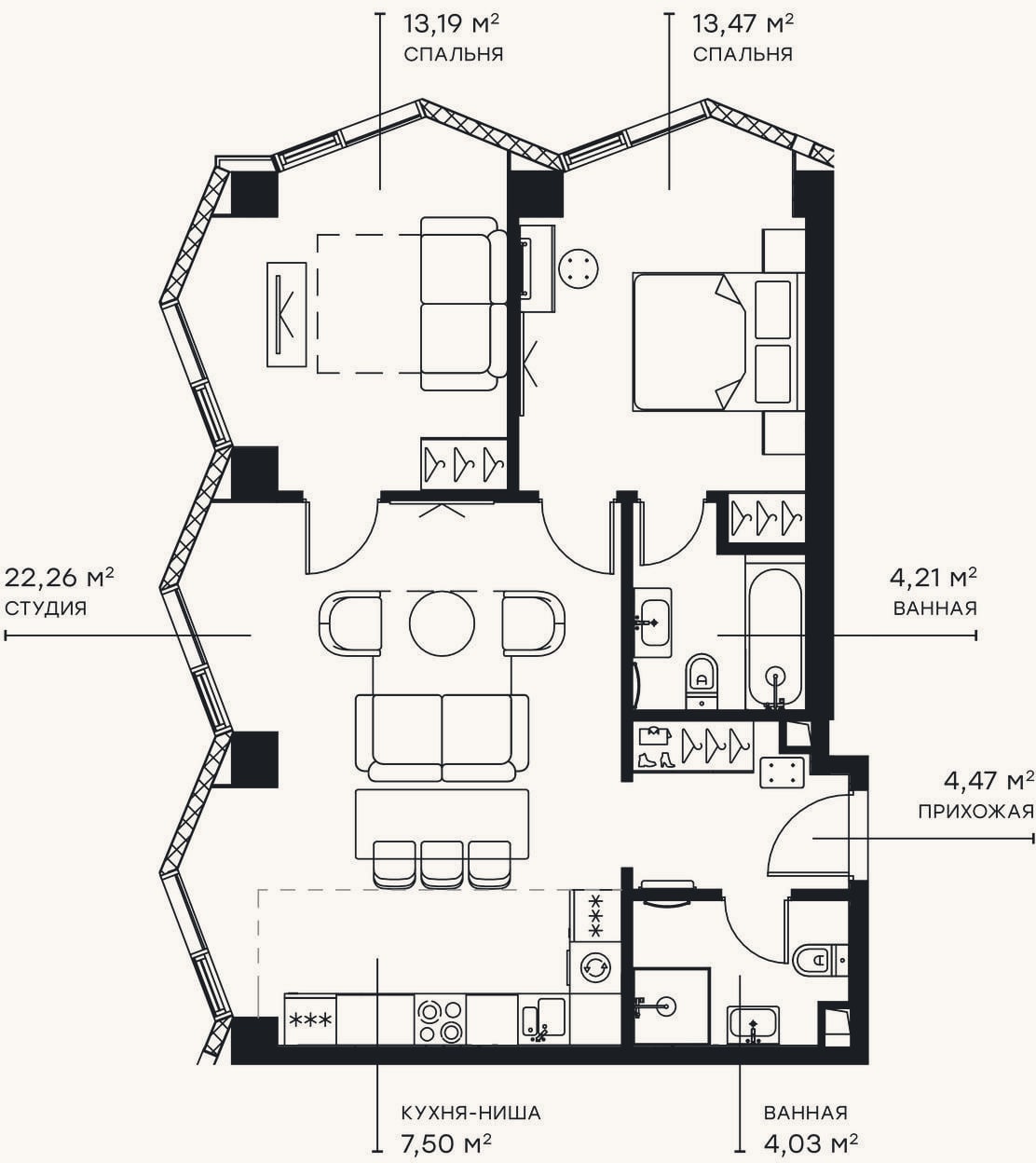 Планировка: 3-к, 69,1 м²