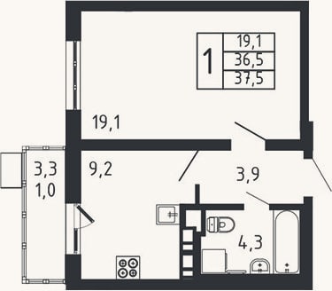 Планировка: 1-к, 36,5 м²