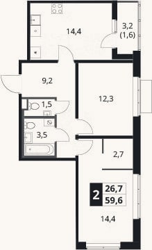 Планировка: 2-к, 58 м²
