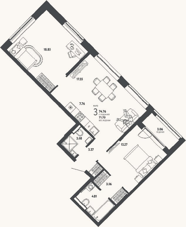 Планировка: 3-к, 71,7 м²