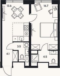 Планировка: 1-к, 42,4 м²