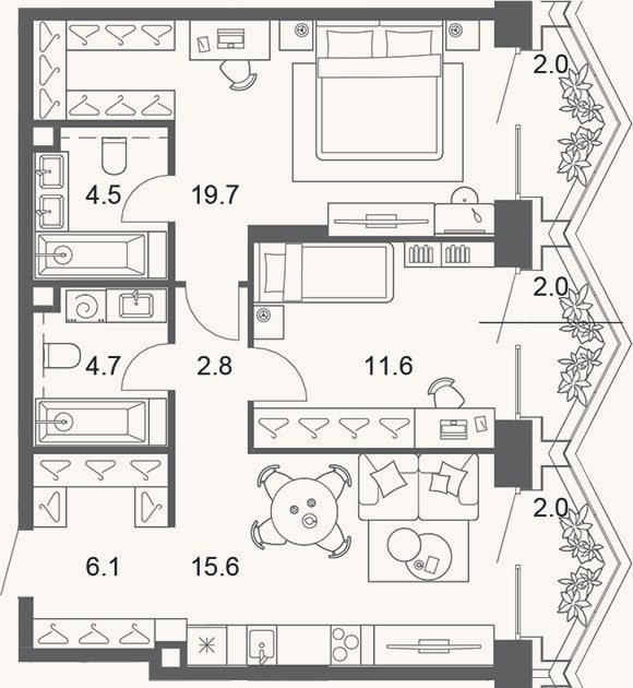 Планировка: 3-к, 65,1 м²