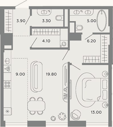 Планировка: 2-к, 64,3 м²