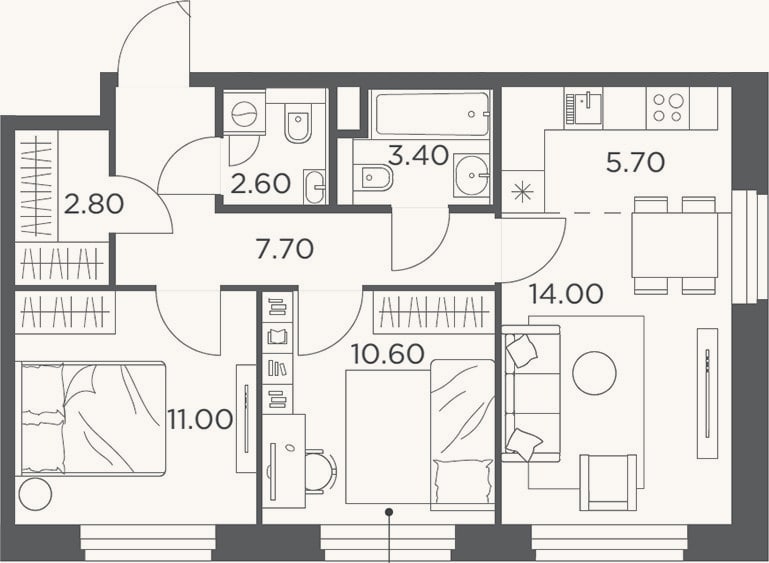 Планировка: 3-к, 57,8 м²