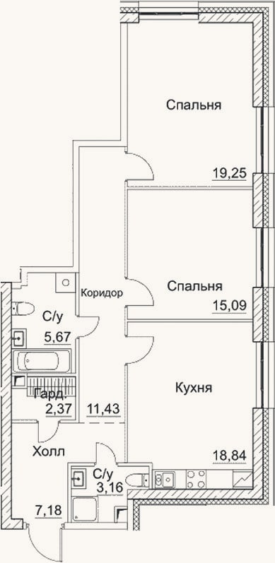 Планировка: 3-к, 83 м²