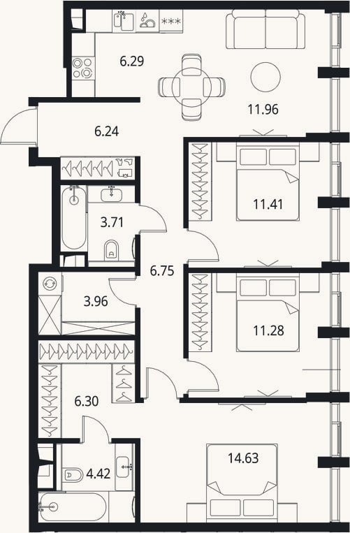 Планировка: 4+ к, 87 м²