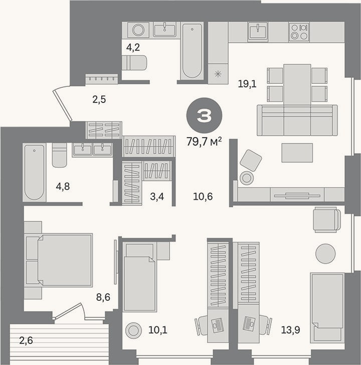 Планировка: 3-к, 77,1 м²