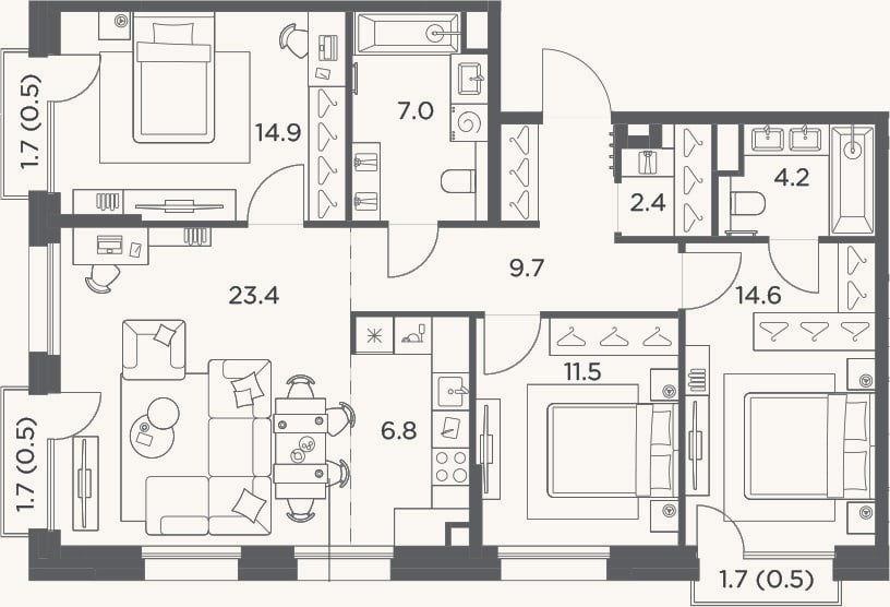 Планировка: 4+ к, 94,5 м²