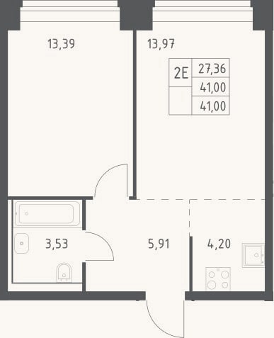Планировка: 2-к, 41 м²