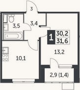Планировка: 1-к, 30,2 м²