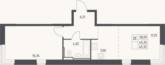 Планировка: 2-к, 45,3 м²