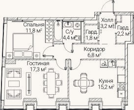 Планировка: 2-к, 62,6 м²