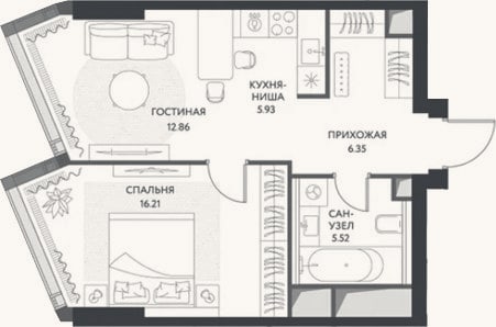 Планировка: 2-к, 46,8 м²