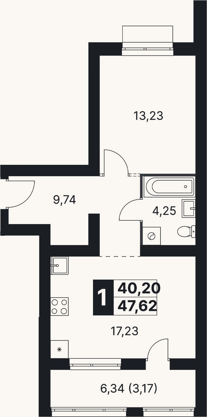 Планировка: 2-к, 44,5 м²