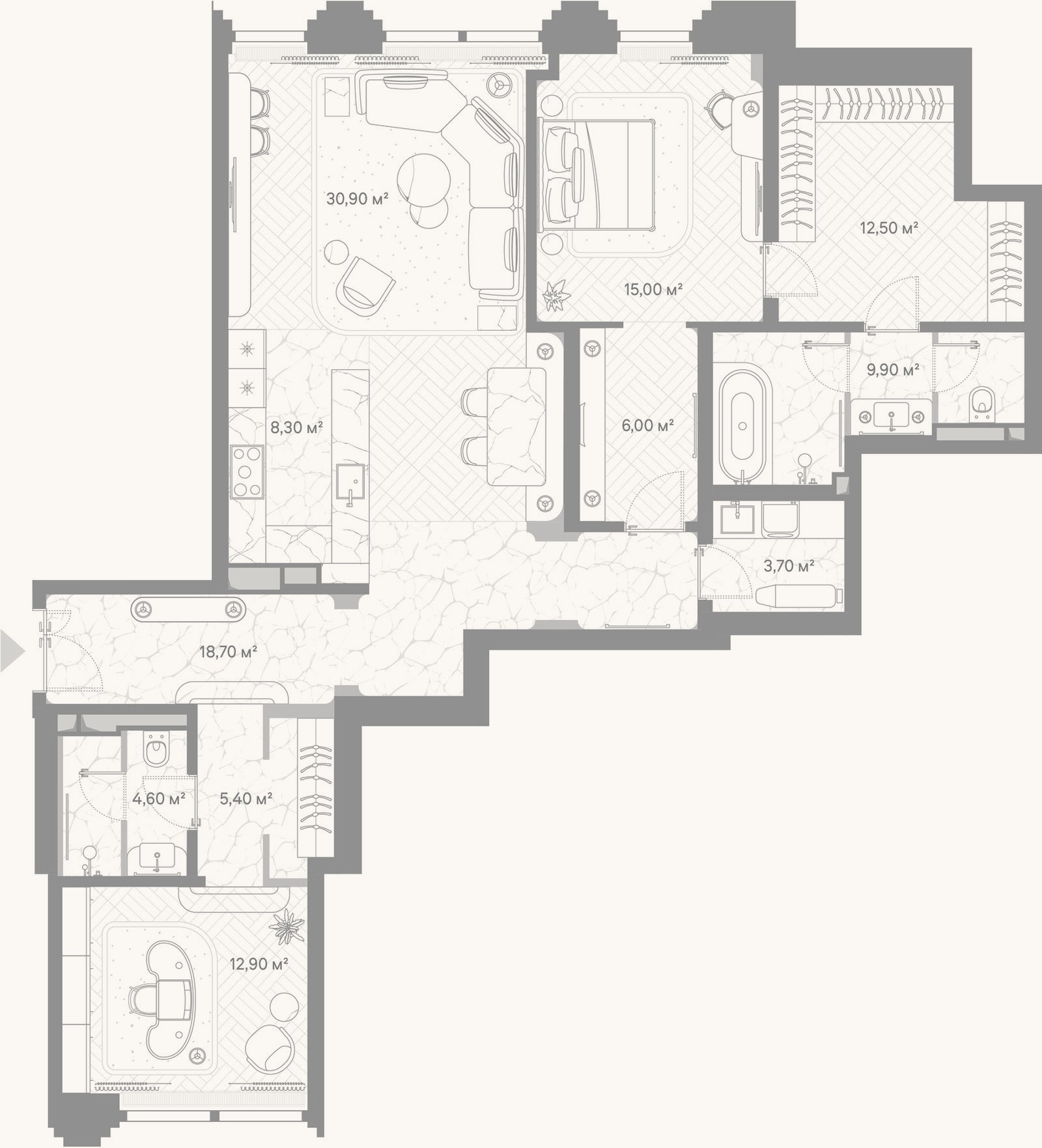 Планировка: 2-к, 127,9 м²