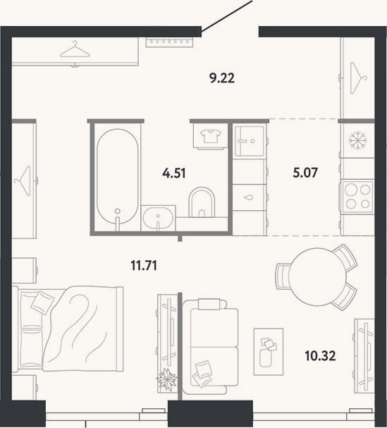 Планировка: 1-к, 40,8 м²