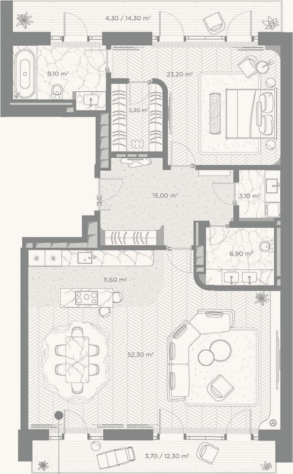 Планировка: 1-к, 126,5 м²