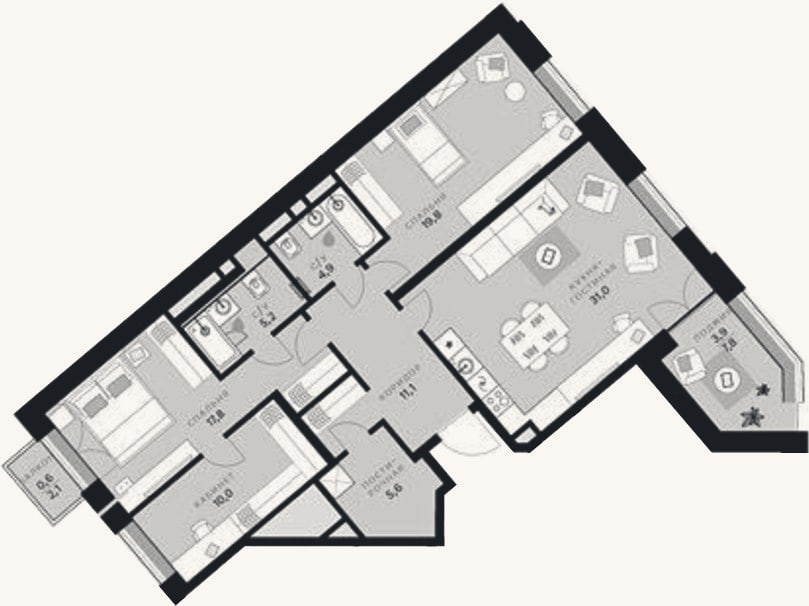 Планировка: 3-к, 105,4 м²