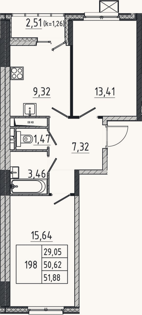 Планировка: 2-к, 50,6 м²